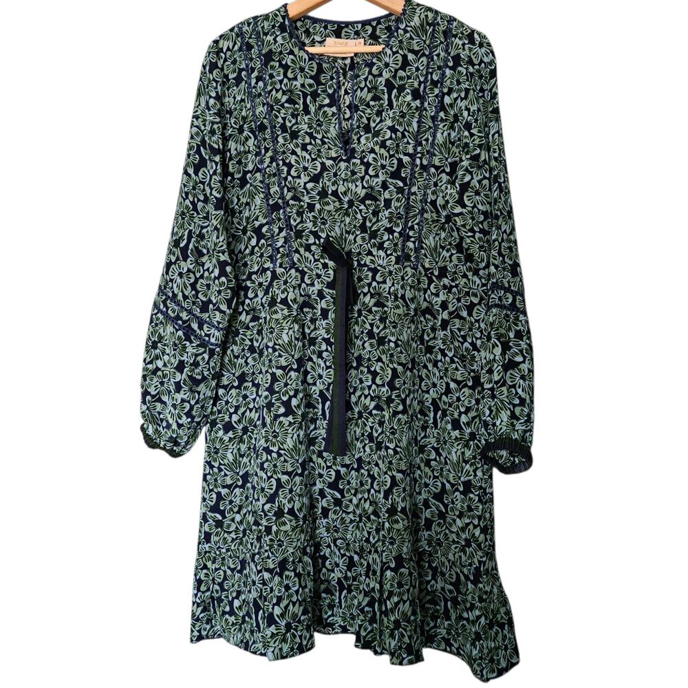 Women's Rungolee Dress 100% Silk Blue & Green Floral Dress Long Sleeves Tie S